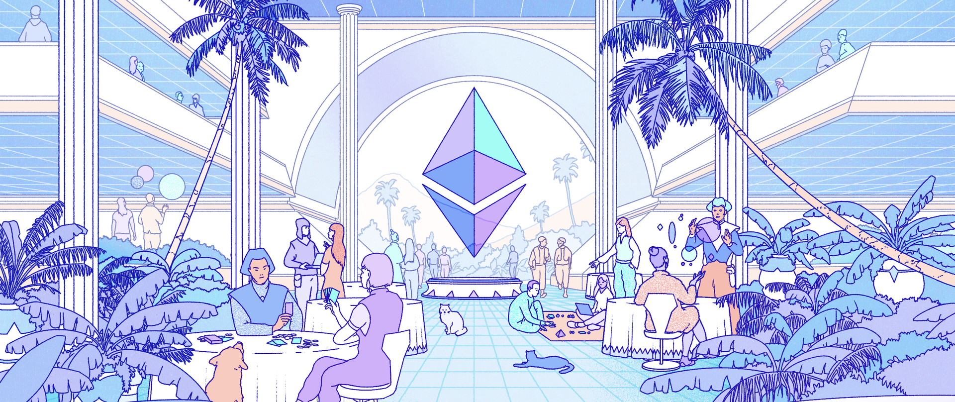 Illusztráció egy futurisztikus városról, amely az Ethereum ökoszisztémát ábrázolja.